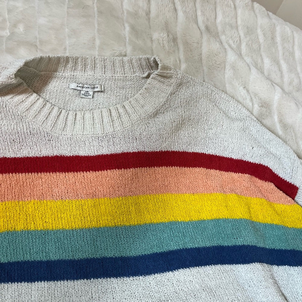 American Eagle L/XL Grey Rainbow Colorful Oversized Distres Soft Sweater Comfy